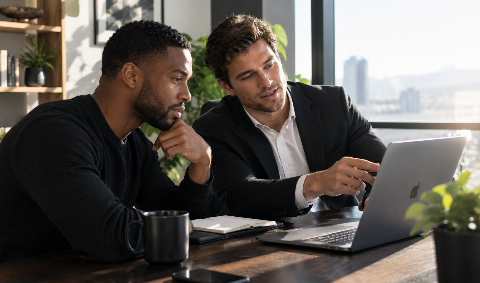 Two professionals reviewing a client plan on a laptop