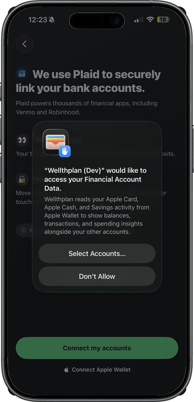 Wellthplan account-linking screen with an iOS permission dialog asking to access Financial Account Data, explaining that Wellthplan reads Apple Card, Apple Cash, and Savings activity from Apple Wallet