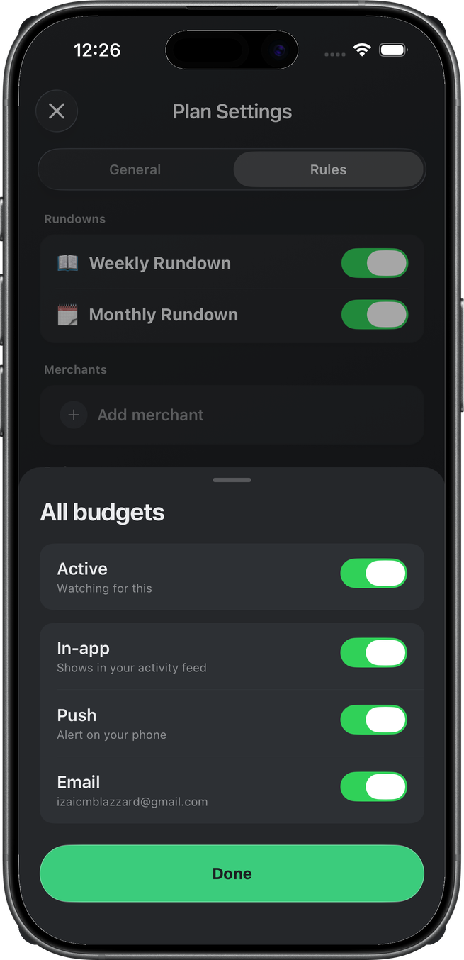 Plan Settings Rules tab with an All budgets sheet showing four toggles: Active, In-app, Push, and Email
