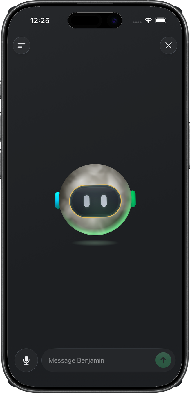 Voice mode in Wellthplan showing Benjamin, a friendly round robot, centered on a dark screen with a mute button and a Message Benjamin text field below