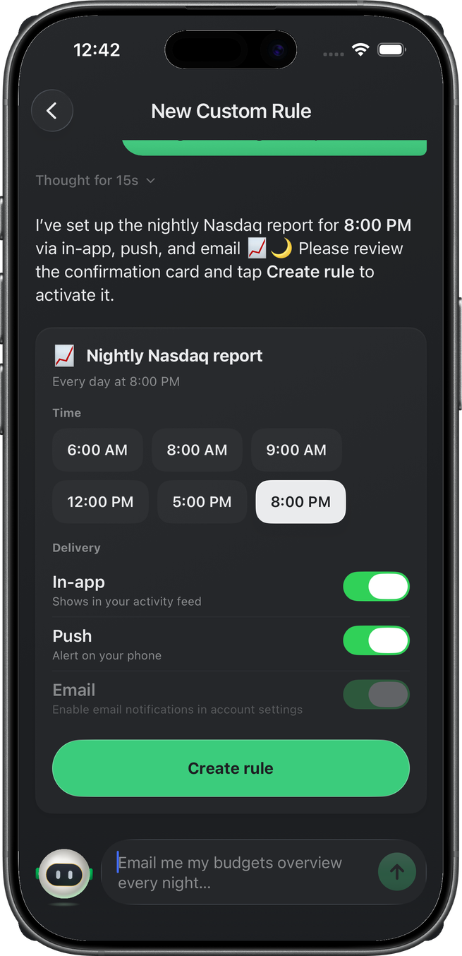 New Custom Rule chat in Wellthplan: Benjamin confirms he set up a nightly Nasdaq report for 8:00 PM, above a confirmation card with the rule's name, schedule, time chips, in-app, push, and email delivery toggles, and a Create rule button