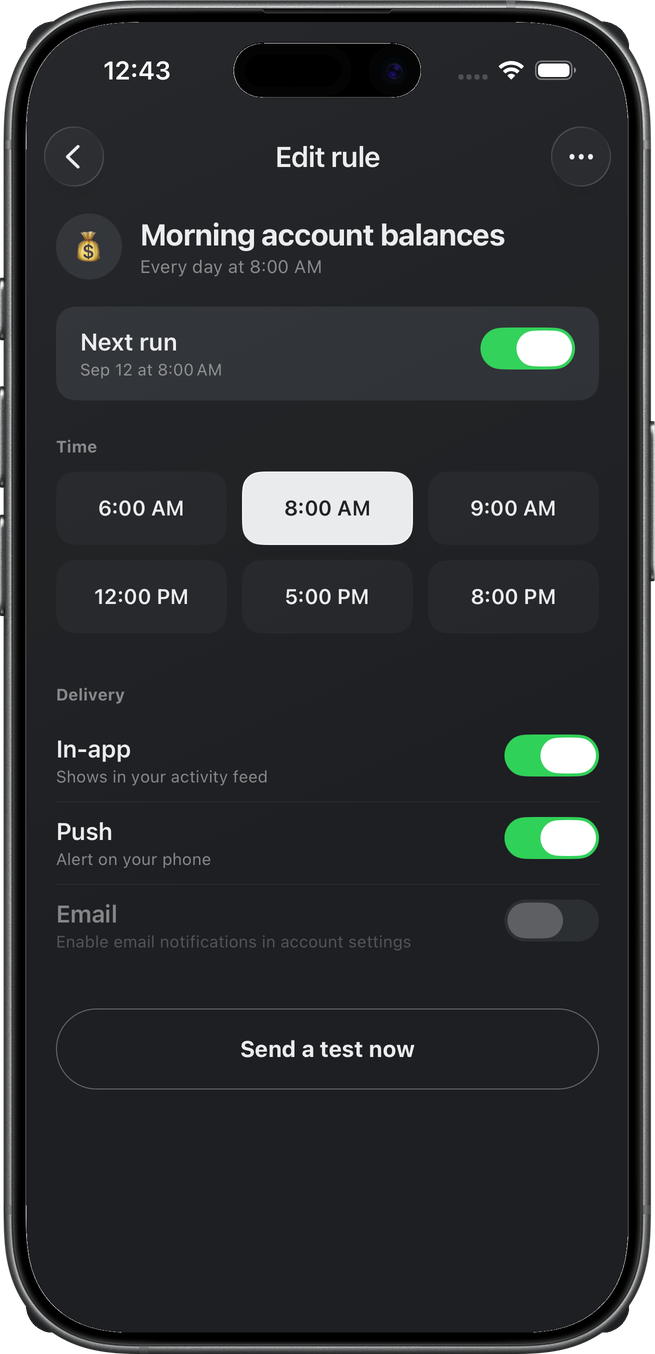 Edit rule screen for a Morning account balances rule running every day at 8:00 AM, showing the next run, time options, in-app, push, and email delivery toggles, and a Send a test now button
