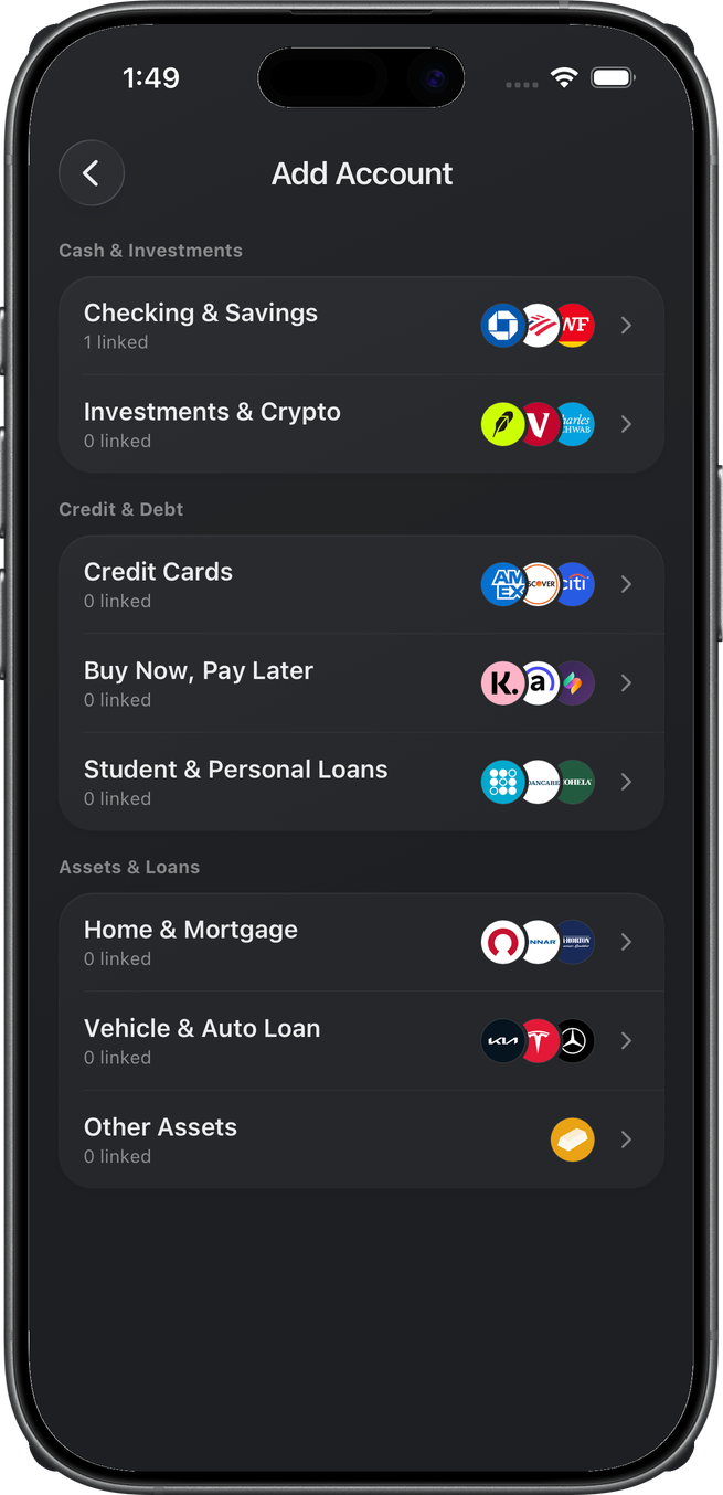 Add Account screen listing account types in three groups: Cash & Investments, Credit & Debt, and Assets & Loans including Home & Mortgage and Vehicle & Auto Loan