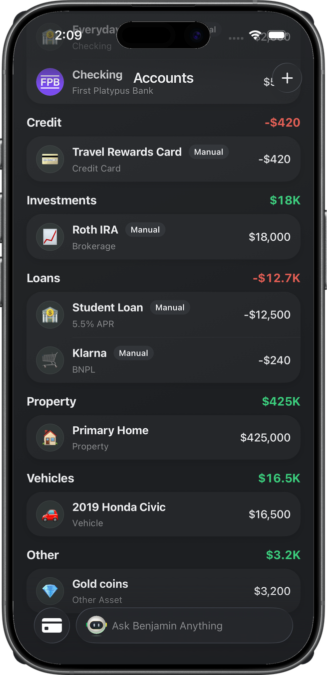 Accounts tab showing sections for Credit, Investments, Loans, Property with a primary home, Vehicles with a car, and Other assets