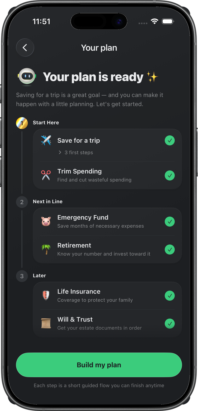 Your Plan screen showing goals ordered in three groups: Start Here with saving for a trip and trimming spending, Next in Line with emergency fund and retirement, and Later with life insurance and will & trust