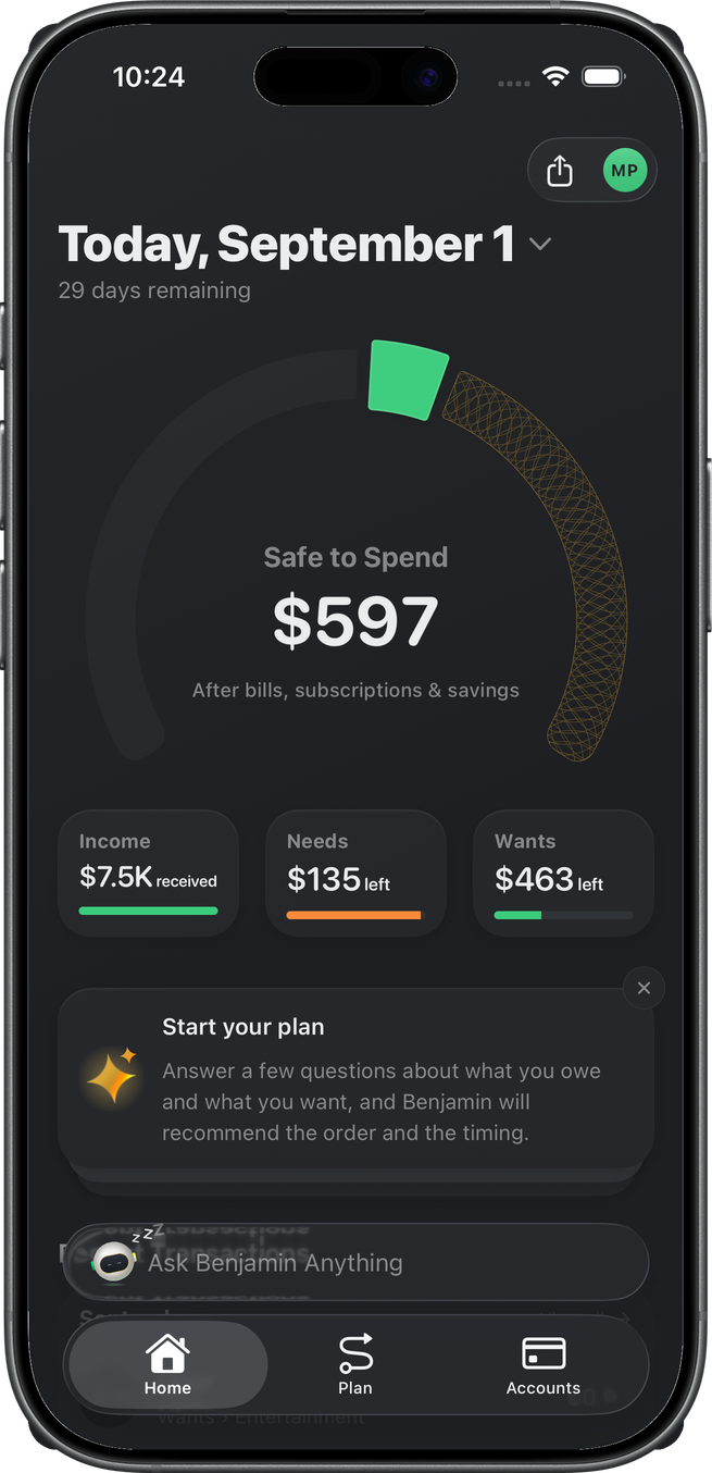 Wellthplan Home screen showing the Safe to Spend dial reading $597 after bills, subscriptions, and savings, with Income, Needs, and Wants mini gauges below
