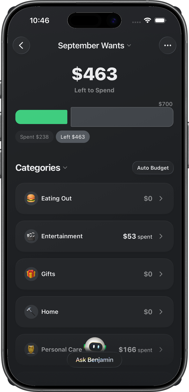 September Wants screen showing the amount left to spend on discretionary categories